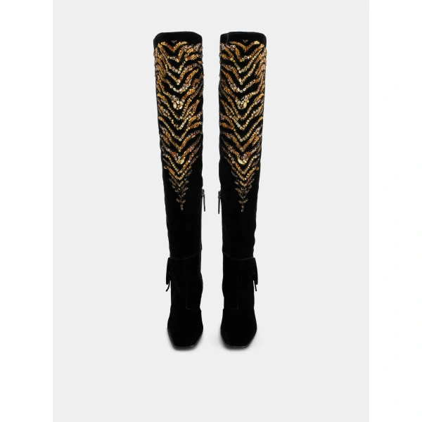 Roger Vivier Choc Cuissard Boots in Black and Gold Velvet, view 2 | Knee-High Boots