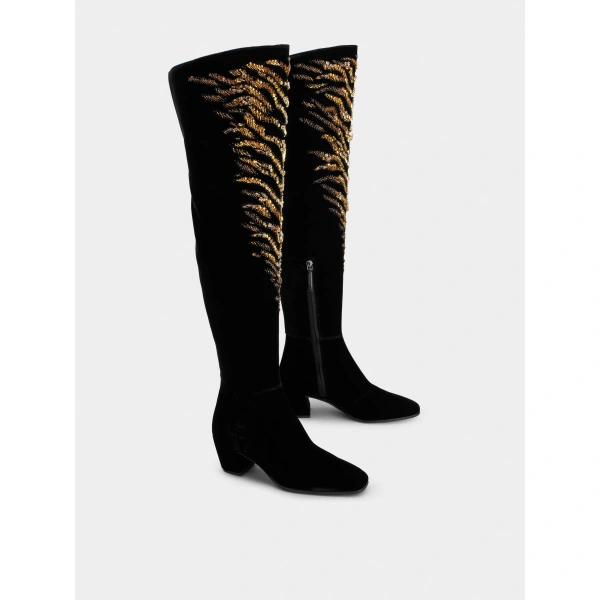 Roger Vivier Choc Cuissard Boots in Black and Gold Velvet, view 3 | Knee-High Boots