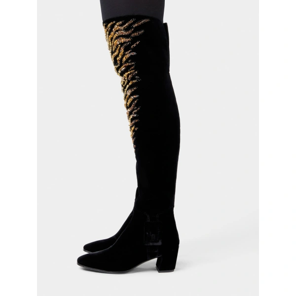 Roger Vivier Choc Cuissard Boots in Black and Gold Velvet, view 4 | Knee-High Boots
