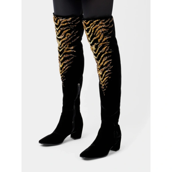 Roger Vivier Choc Cuissard Boots in Black and Gold Velvet, view 5 | Knee-High Boots