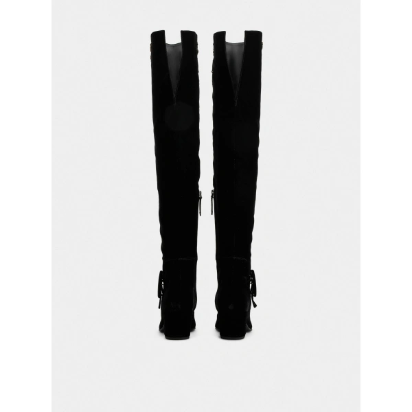 Roger Vivier Choc Cuissard Boots in Black and Gold Velvet, view 6 | Knee-High Boots