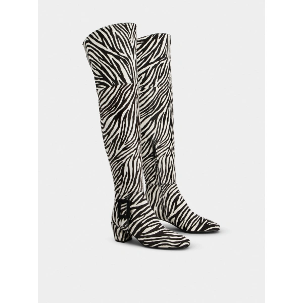 Roger Vivier Choc Cuissard Boots in Black and White Leather, view 3 | Knee-High Boots