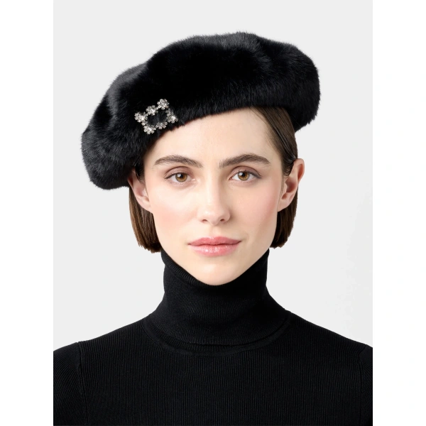 Roger Vivier Efflorescence Beret in Black Faux Fur, view 3 | Hats