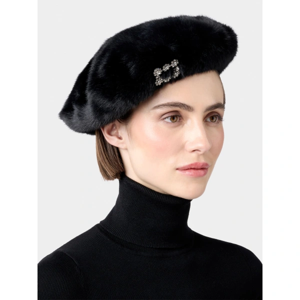 Roger Vivier Efflorescence Beret in Black Faux Fur, view 4 | Hats