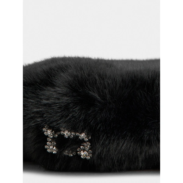 Roger Vivier Efflorescence Beret in Black Faux Fur, view 6 | Hats