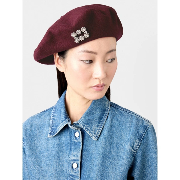 Roger Vivier Efflorescence Beret in Burgundy Wool, view 3 | Hats