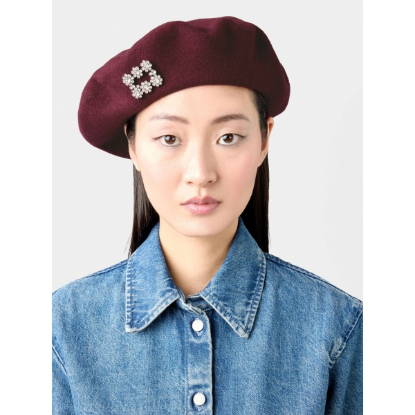 Roger Vivier Efflorescence Beret in Burgundy Wool, view 4 | Hats