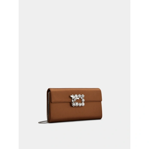 Roger Vivier Efflorescence Clutch in Brown Satin, view 2 | Clutch Bags