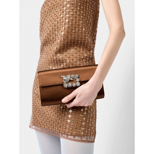 Roger Vivier Efflorescence Clutch in Brown Satin, view 3 | Clutch Bags