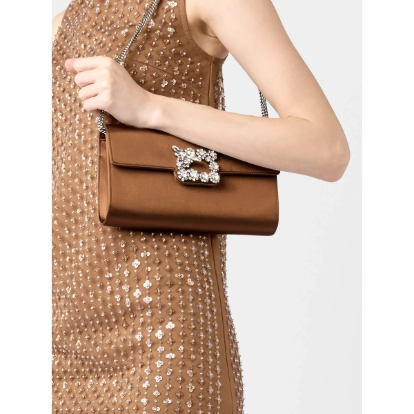 Roger Vivier Efflorescence Clutch in Brown Satin, view 4 | Clutch Bags