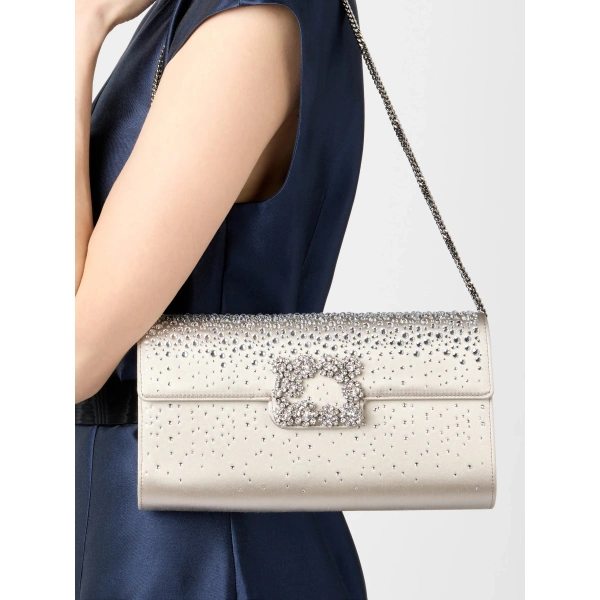 Roger Vivier Efflorescence Clutch in Grey Satin, view 3 | Clutch Bags