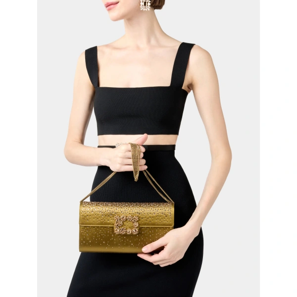 Roger Vivier Efflorescence Clutch in Olive Green Satin, view 3 | Clutch Bags