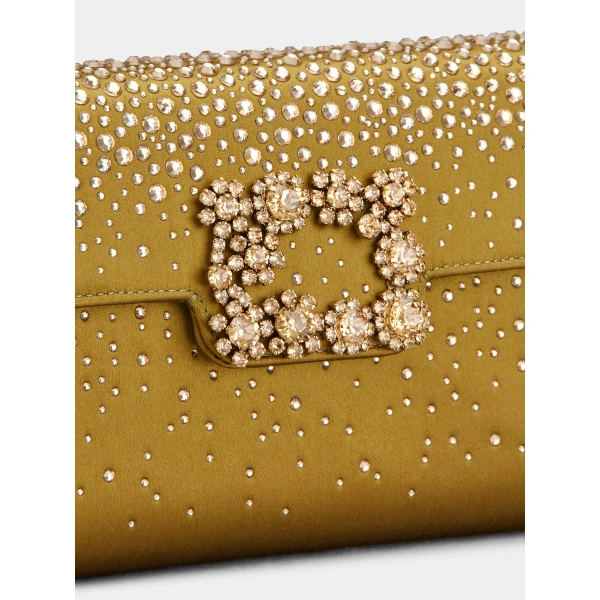 Roger Vivier Efflorescence Clutch in Olive Green Satin, view 6 | Clutch Bags