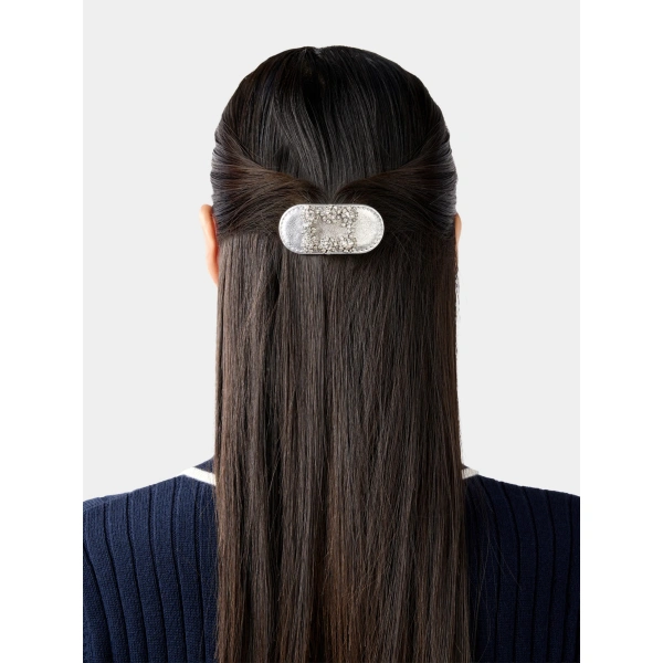 Roger Vivier Efflorescence Hair Clip in Silver Leather, view 2 | Hair Clips & Claw Clips