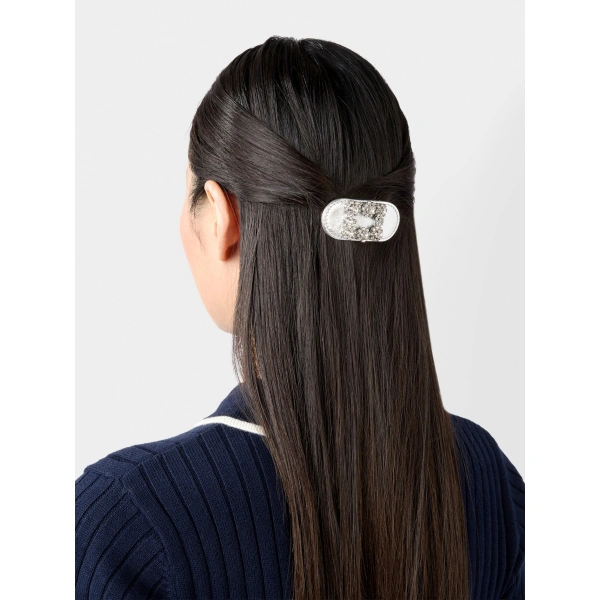 Roger Vivier Efflorescence Hair Clip in Silver Leather, view 3 | Hair Clips & Claw Clips