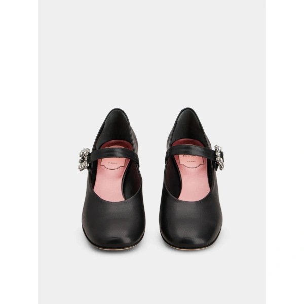 Roger Vivier Efflorescence Mary Jane Pumps in Black Leather, view 2 | Kitten Heels