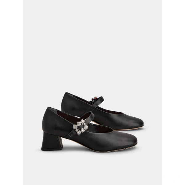 Roger Vivier Efflorescence Mary Jane Pumps in Black Leather, view 3 | Kitten Heels