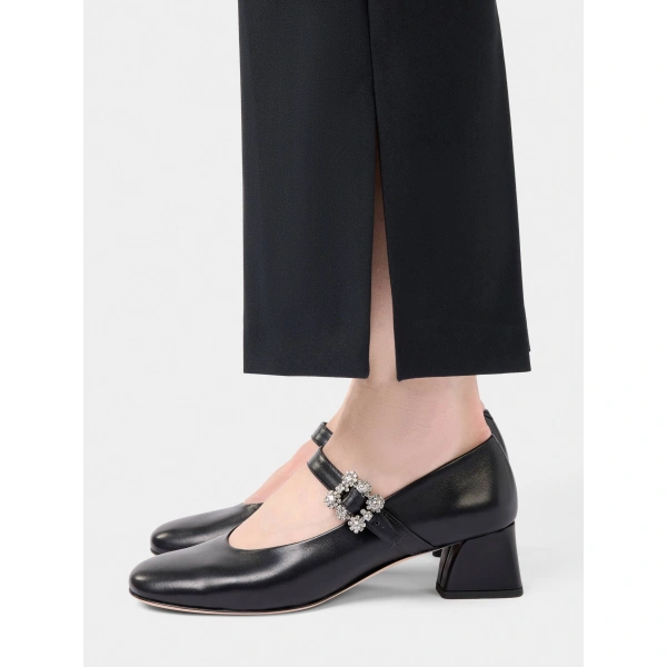 Roger Vivier Efflorescence Mary Jane Pumps in Black Leather, view 4 | Kitten Heels