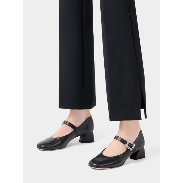 Roger Vivier Efflorescence Mary Jane Pumps in Black Leather, view 5 | Kitten Heels