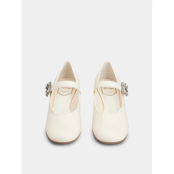 Roger Vivier Efflorescence Mary Jane Pumps in Off White Leather, view 2 | Kitten Heels