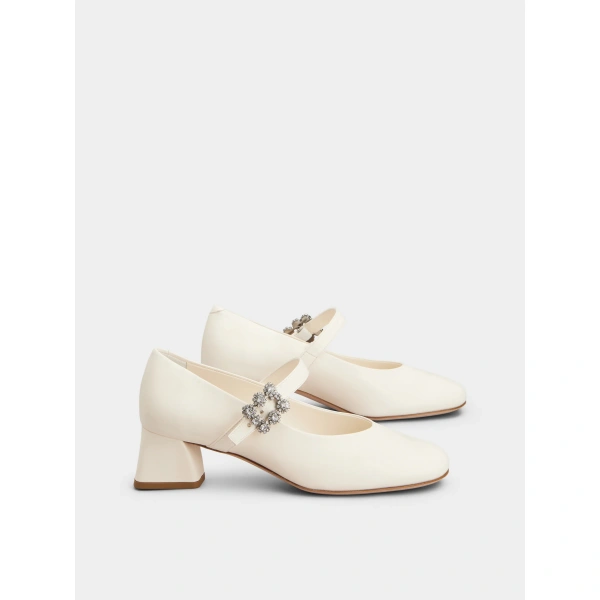 Roger Vivier Efflorescence Mary Jane Pumps in Off White Leather, view 3 | Kitten Heels