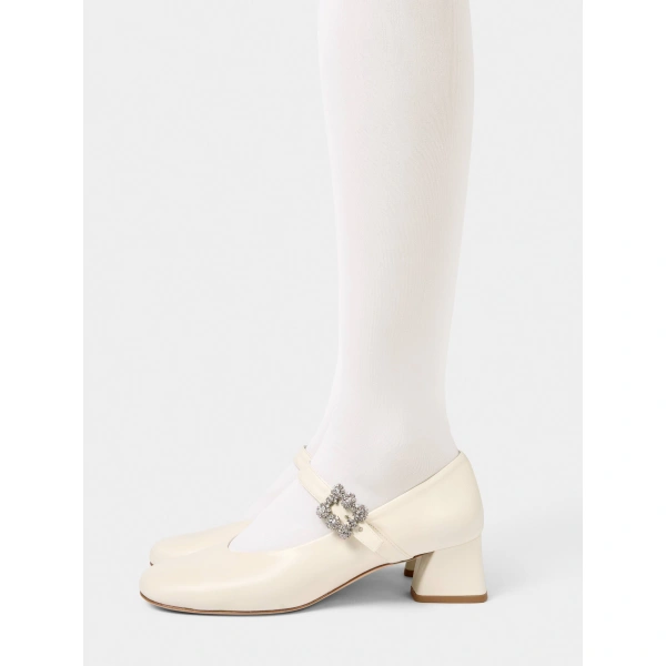 Roger Vivier Efflorescence Mary Jane Pumps in Off White Leather, view 4 | Kitten Heels