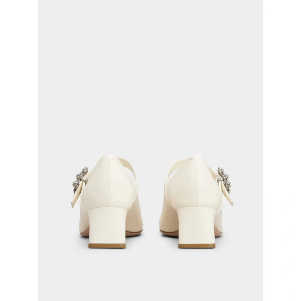 Roger Vivier Efflorescence Mary Jane Pumps in Off White Leather, view 6 | Kitten Heels