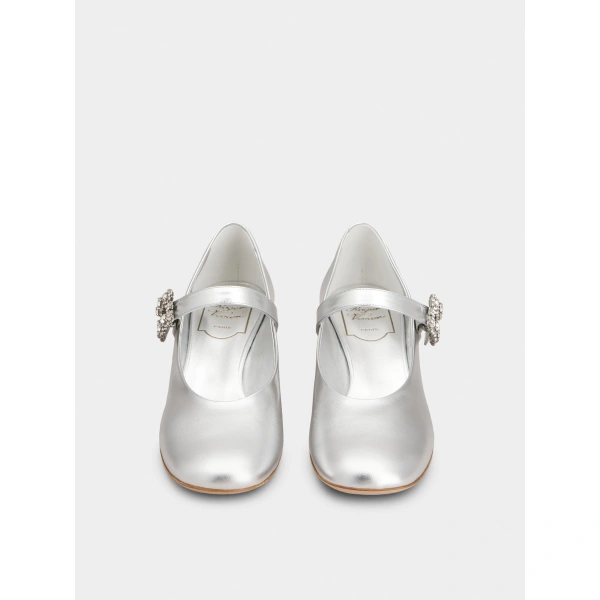 Roger Vivier Efflorescence Mary Jane Pumps in Silver Leather, view 2 | Kitten Heels