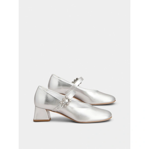 Roger Vivier Efflorescence Mary Jane Pumps in Silver Leather, view 3 | Kitten Heels