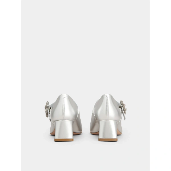 Roger Vivier Efflorescence Mary Jane Pumps in Silver Leather, view 4 | Kitten Heels