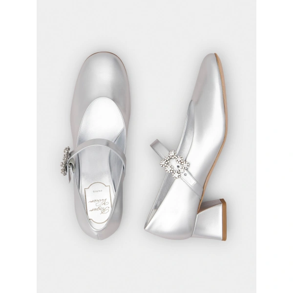 Roger Vivier Efflorescence Mary Jane Pumps in Silver Leather, view 5 | Kitten Heels