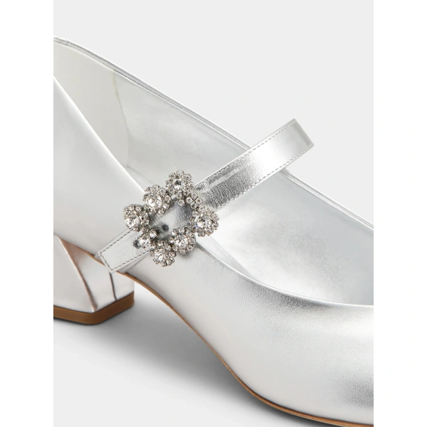 Roger Vivier Efflorescence Mary Jane Pumps in Silver Leather, view 6 | Kitten Heels