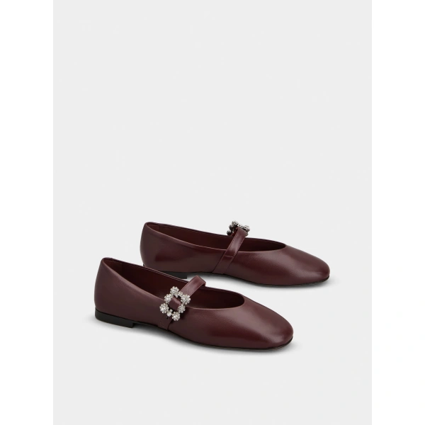 Roger Vivier Efflorescence Mary Janes in Burgundy Leather, view 3 | Ballet Flats