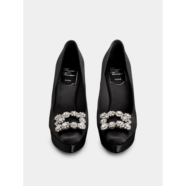 Roger Vivier Efflorescence Platform Pumps in Black Satin, view 2 | Platform Heels