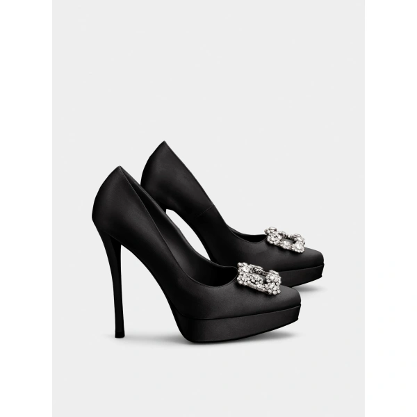 Roger Vivier Efflorescence Platform Pumps in Black Satin, view 3 | Platform Heels