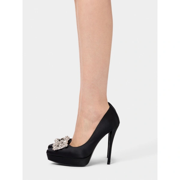 Roger Vivier Efflorescence Platform Pumps in Black Satin, view 4 | Platform Heels