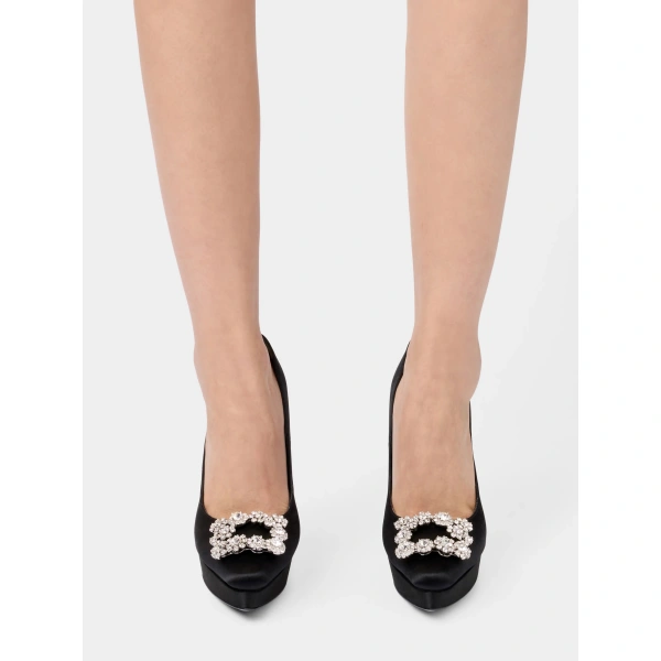 Roger Vivier Efflorescence Platform Pumps in Black Satin, view 6 | Platform Heels