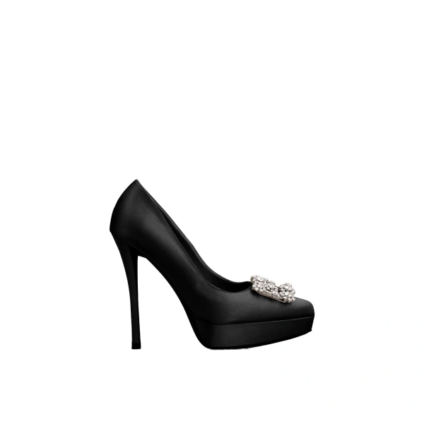 Efflorescence Platform Pumps in Black Satin