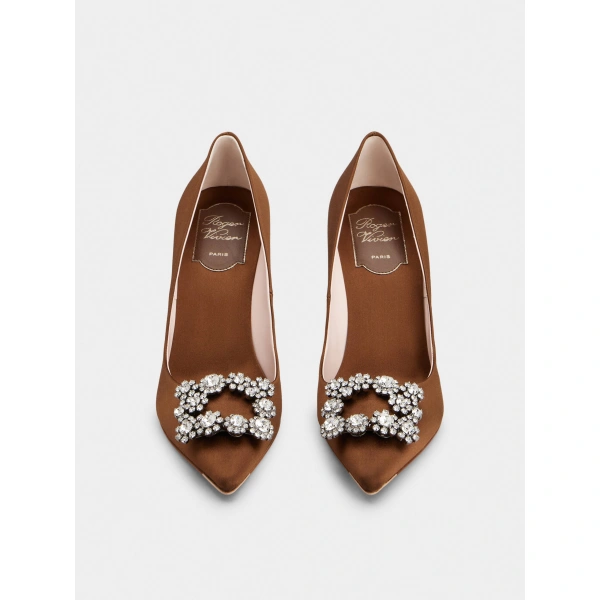 Roger Vivier Efflorescence Pumps 10 cm in Brown Satin, view 2 | Pumps