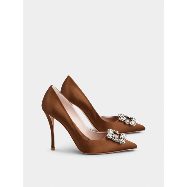 Roger Vivier Efflorescence Pumps 10 cm in Brown Satin, view 3 | Pumps