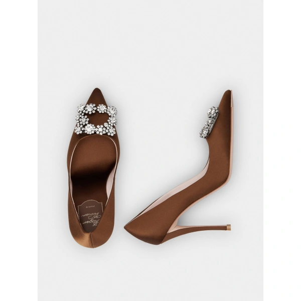 Roger Vivier Efflorescence Pumps 10 cm in Brown Satin, view 5 | Pumps