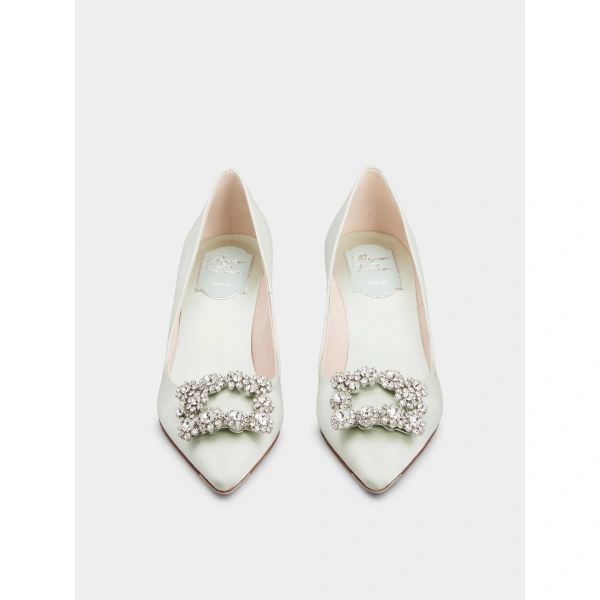 Roger Vivier Efflorescence Pumps in Mint Green Satin, view 2 | Pumps
