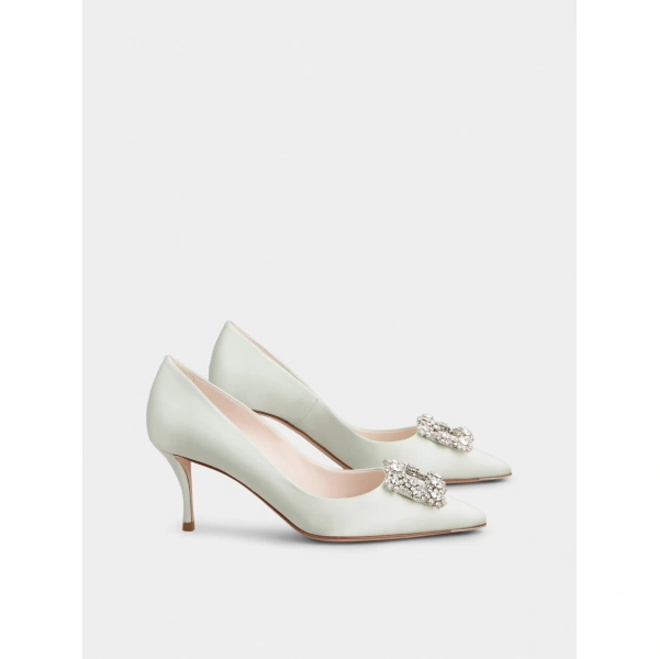 Roger Vivier Efflorescence Pumps in Mint Green Satin, view 3 | Pumps