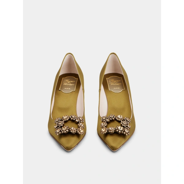 Roger Vivier Efflorescence Pumps in Olive Green Satin, view 2 | Pumps