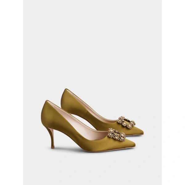 Roger Vivier Efflorescence Pumps in Olive Green Satin, view 3 | Pumps
