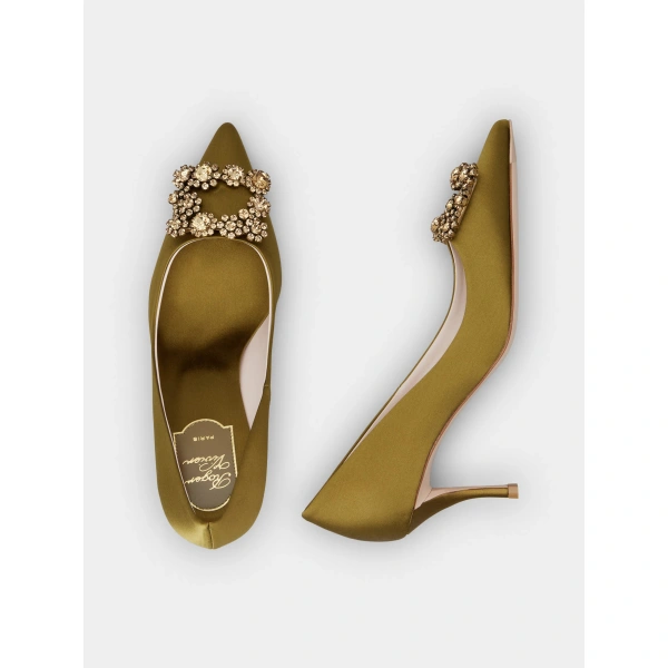 Roger Vivier Efflorescence Pumps in Olive Green Satin, view 5 | Pumps