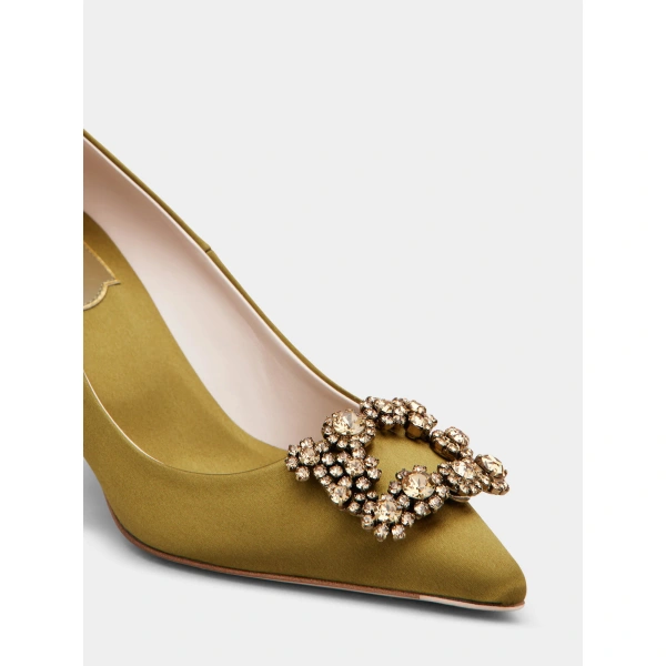 Roger Vivier Efflorescence Pumps in Olive Green Satin, view 6 | Pumps
