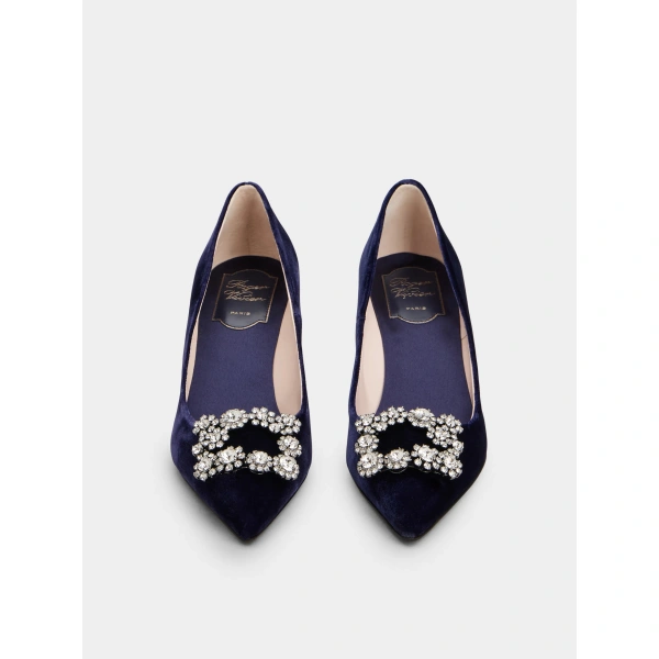 Roger Vivier Flower Strass Buckle Pumps in Navy Blue Velvet, view 2 | Pumps