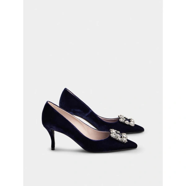 Roger Vivier Flower Strass Buckle Pumps in Navy Blue Velvet, view 3 | Pumps