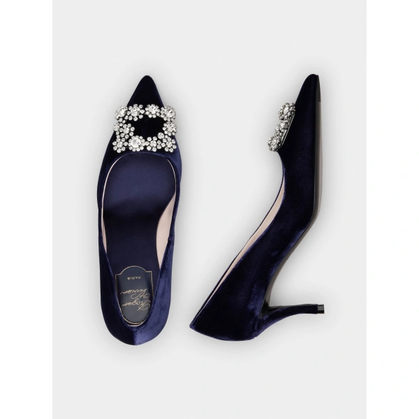 Roger Vivier Flower Strass Buckle Pumps in Navy Blue Velvet, view 5 | Pumps
